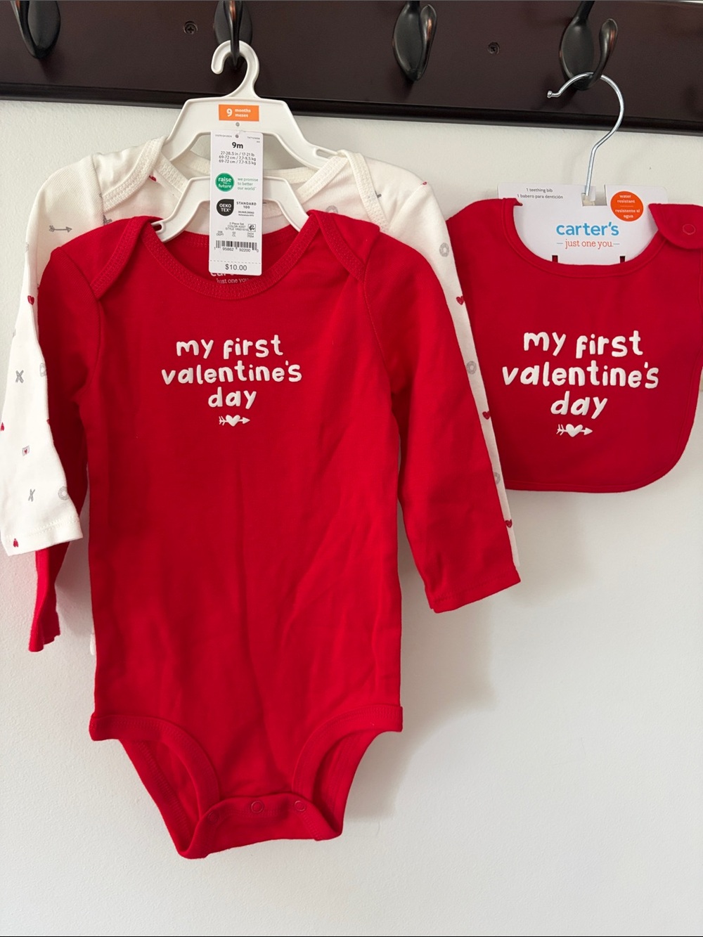 Set of 2 Carter's Long-Sleeve Valentine's Day Onesies and Matching Bib